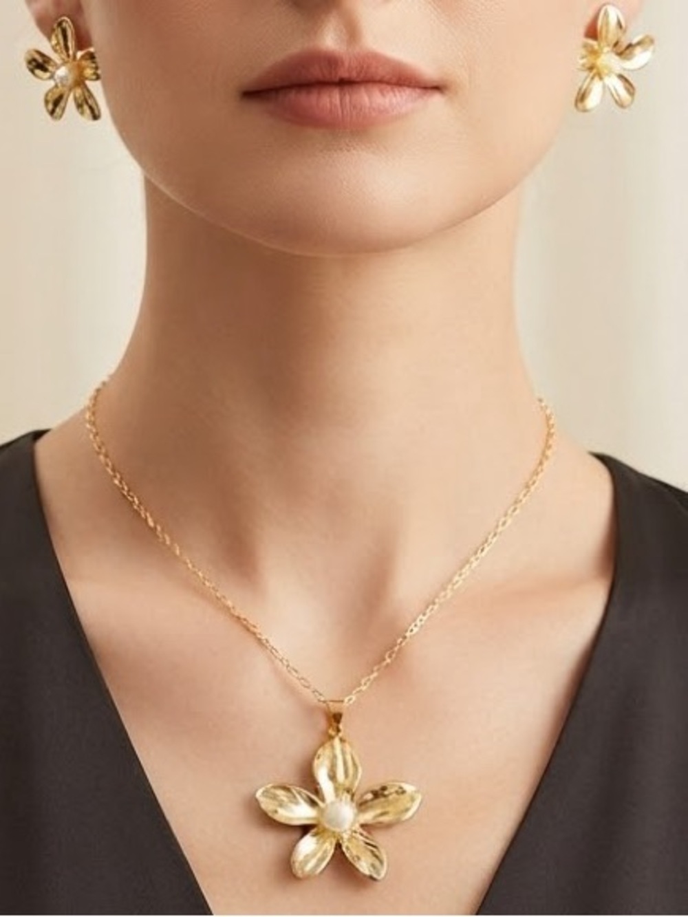 Gold Floral Pendant Necklace and Earrings Set Stainless Set.